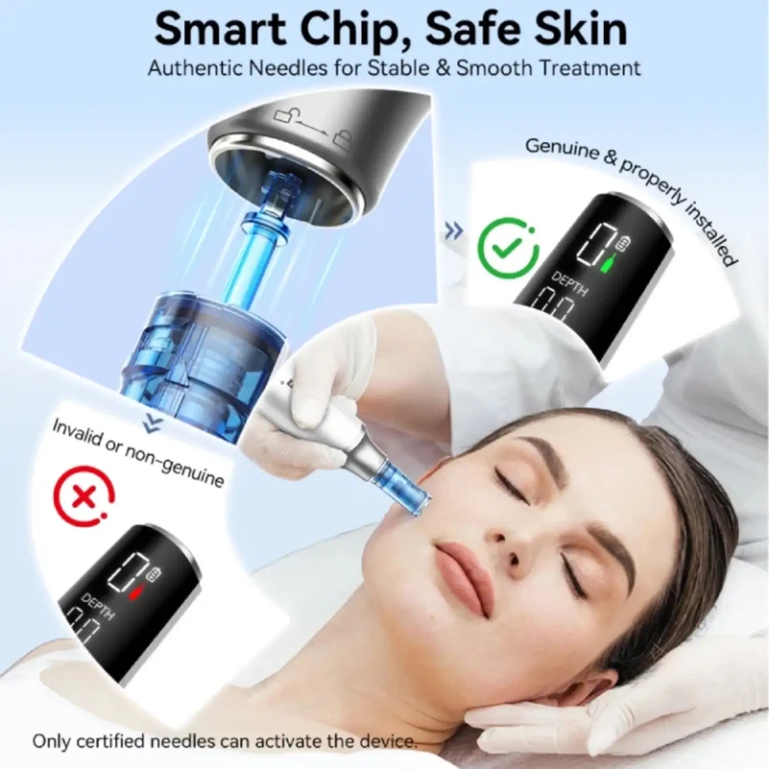 Facial rejuvenation device with text about smart chip and safe skin treatment.