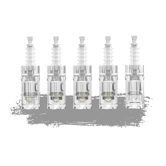 5 a10 needle replacements with silver caps on a white background