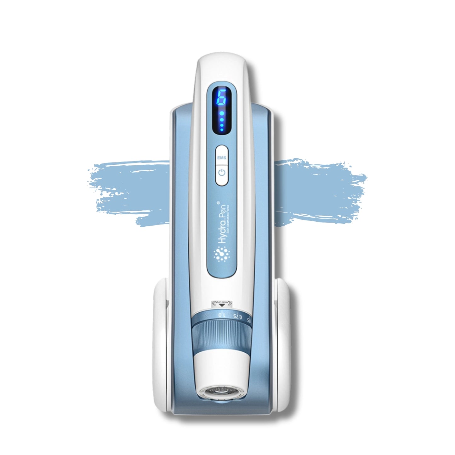White and blue hydra pen h5 with a digital display on a white background