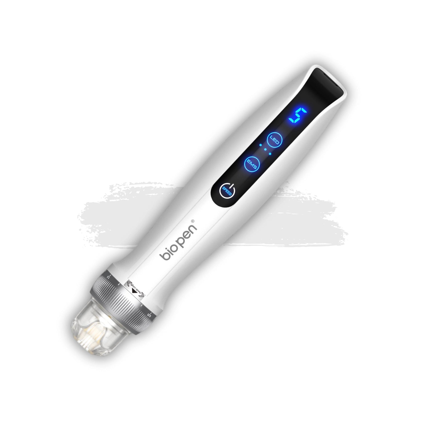 BIO Pen Q2 with blue lights on a white background