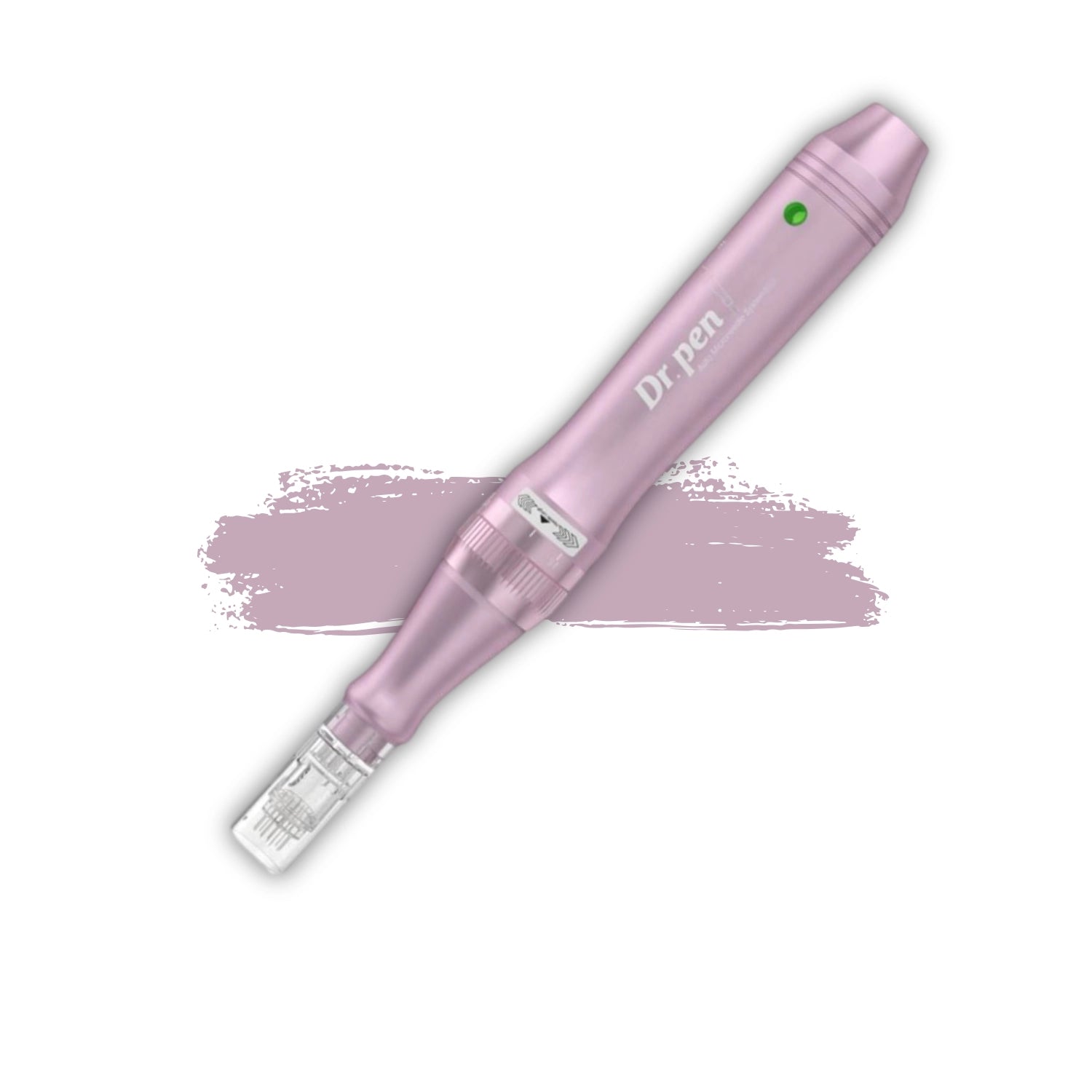 Pink Dr. pen M7 on a white background with a pink smear of color.