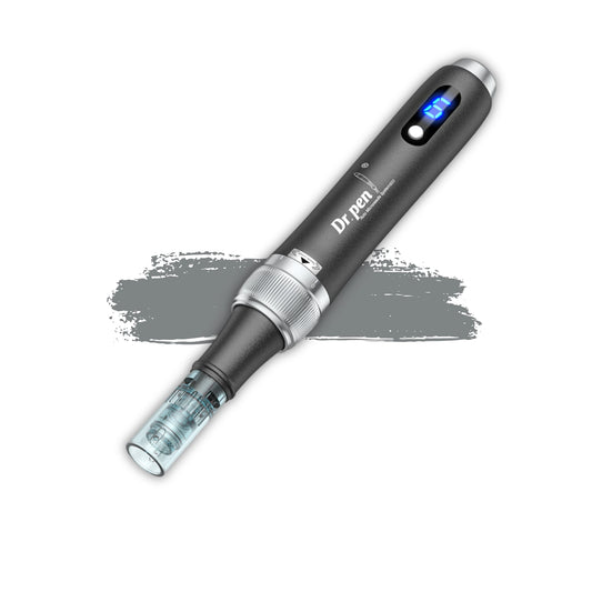 Black Dr. pen M7S on a white background with a gray color swatch.